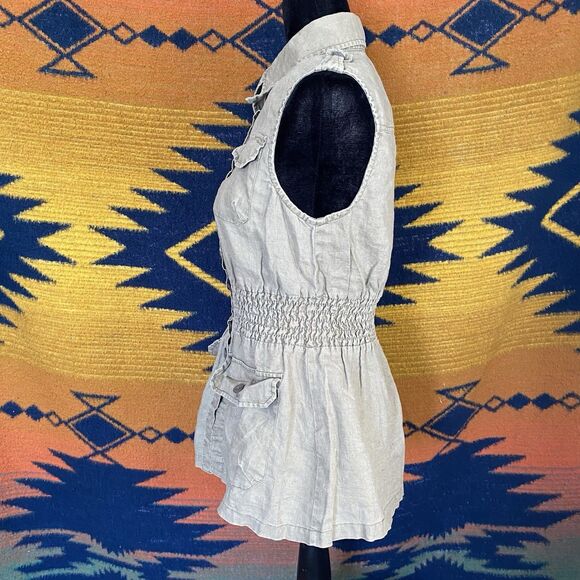 Y2K Yank 100% Linen Button Up Collared Blouse. Pockets! Sleevless. Size Medium. - Picture 9 of 16